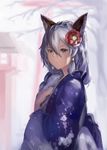  alternate_costume animal_ears blurry braid brown_eyes cat_ears depth_of_field erune flower granblue_fantasy hair_flower hair_ornament heles highres japanese_clothes kimono long_hair long_sleeves looking_at_viewer silver_hair smile solo three_k_(spiritus_no_honoo) torii wide_sleeves 