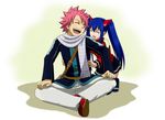  1girl bad_id bad_pixiv_id blue_hair bluesnowcat closed_eyes fairy_tail hair_ornament long_hair natsu_dragneel one_eye_closed pink_hair scarf spiked_hair tickling twintails wendy_marvell white_scarf 