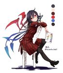  alternate_costume asymmetrical_wings black_hair black_legwear blush boots chair color_guide contemporary full_body high_heels houjuu_nue long_sleeves looking_at_viewer paintbrush pantyhose red_eyes short_hair simple_background sitting smile solo striped touhou toutenkou twitter_username white_background wings 