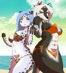  abs annoyed beach big_breasts bikini blue_hair breasts cakewasgood canine clothing dog feline female hair larger_female leopard long_hair looking_at_viewer mammal muscular muscular_female outside seaside short_hair size_difference smaller_female snow_leopard swimsuit water worried 