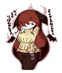  beer_can blush_stickers breasts can chibi commentary_request contemporary demon_girl demon_wings drunk head_wings kamibukuro koakuma large_breasts long_hair looking_at_viewer pants plump red_eyes red_hair ribbed_sweater solo sweater text_focus touhou translation_request wings 