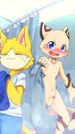  balls blue_eyes blush cub embarrassed feline fur_markings male mammal nobusuke nude open_mouth penis sheath shower sweat sweatdrop wet young 