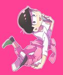  :3 alternate_costume bad_id bad_pixiv_id black_hair cellphone en_(naguen) half-closed_eyes hand_to_own_mouth heart heart_in_mouth highres jumpsuit looking_at_viewer looking_back male_focus matsuno_todomatsu osomatsu-kun osomatsu-san phone pink_background smartphone smile solo tied_sleeves 