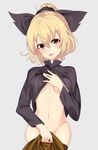  black_legwear blonde_hair blush bow breasts brown_dress brown_eyes covering covering_crotch dress hair_bow hair_ribbon hati105 highres kurodani_yamame no_panties open_mouth ponytail ribbon shirt_lift short_hair small_breasts smile solo thighhighs touhou 