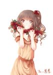  absurdres brown_eyes brown_hair dress flower heart highres long_hair original simple_background so_tsubasa solo white_background 