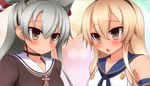  amatsukaze_(kantai_collection) blonde_hair brown_eyes hair_tubes kantai_collection long_hair looking_at_another multiple_girls shimakaze_(kantai_collection) silver_hair smile two_side_up zack_(haiuinndo) 