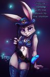  anthro breasts clothed clothing dildo disney english_text female judy_hopps lagomorph legwear mammal panties police_uniform pose purple_eyes rabbit sex_toy skimpy solo text thigh_highs underwear uniform zootopia zraxi 