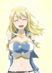  bad_id bad_pixiv_id blonde_hair bluesnowcat breasts bustier cleavage closed_eyes detached_sleeves earrings fairy_tail jewelry large_breasts long_hair lucy_heartfilia midriff navel open_mouth smile solo 