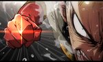  1boy anime_coloring bad_id bad_pixiv_id bald gloves incoming_punch lens_flare looking_at_viewer male_focus one-punch_man open_mouth outside_border red_gloves saitama_(one-punch_man) solo sweat 