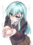  aqua_hair blush cum cum_in_hands cum_in_mouth cum_on_tongue cupping_hands facial green_eyes hair_ornament hairclip kantai_collection long_hair looking_up mikagami_sou open_mouth pleated_skirt school_uniform skirt solo suzuya_(kantai_collection) tongue tongue_out translated 