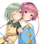  arai_togami blush green_eyes green_hair hairband head_to_head heart komeiji_koishi komeiji_satori long_sleeves looking_at_another multiple_girls no_hat no_headwear one_eye_closed pink_hair pout purple_eyes shirt short_hair siblings simple_background sisters string touhou upper_body white_background wide_sleeves 