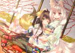  animal_ears brown_hair fox_ears fox_tail green_eyes japanese_clothes kimono long_hair monaka_natsume multiple_girls multiple_tails off_shoulder one_eye_closed original red_eyes silver_hair tail 