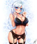  2015 ahoge bare_arms bare_shoulders black_bra black_panties blue_eyes blush bra breast_squeeze breasts cleavage cowboy_shot dated earrings floral_background flower_earrings groin highres hips jewelry jotti large_breasts light_blue_hair lingerie lips long_hair looking_at_viewer navel panties phantasy_star phantasy_star_online_2 solo standing stomach underwear underwear_only wavy_mouth wide_hips 