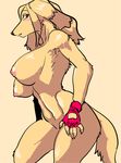  anthro big_breasts blush breasts canine clothing dog female fingerless_gloves gloves hair hand_on_leg kazuhiro looking_at_viewer mammal nude red_eyes short_hair 