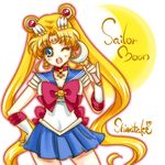 ;d bishoujo_senshi_sailor_moon blonde_hair blue_eyes blue_sailor_collar blue_skirt bow brooch character_name choker cowboy_shot crescent double_bun earrings elbow_gloves facial_mark forehead_mark gloves hair_ornament hairpin hand_on_hip holding holding_wand jewelry long_hair looking_at_viewer lowres magical_girl moon_stick one_eye_closed open_mouth outline red_bow red_choker sailor_collar sailor_moon sailor_senshi_uniform shirataki_kaiseki signature skirt smile solo tsukino_usagi twintails wand white_background white_gloves 