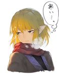 blonde_hair breath face green_eyes kinketsu looking_away mizuhashi_parsee pointy_ears portrait scarf shirt short_hair simple_background solo speech_bubble text_focus touhou white_background 