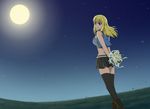  bad_id bad_pixiv_id black_legwear black_skirt blonde_hair bluesnowcat bouquet brown_eyes fairy_tail flower grass holding holding_bouquet long_hair looking_at_viewer looking_back lucy_heartfilia midriff moon outdoors pleated_skirt skirt solo thighhighs zettai_ryouiki 