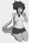  boxers_(clothing) braided_hair char_the_lizard clothing crossgender female greyscale hair lizard messy_hair monochrome nipples reptile roanoak scalie scar simple_background solo topless underwear 