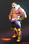  3d_(artwork) abs anthro big_muscles boots breasts cgi clothing digital_media_(artwork) elbow_pads faceless_male footwear fur green_eyes hi_res human hybrid king_(tekken) male mammal manly mask muscular muscular_male nipples open_mouth pecs pose simple_background snarlthewerewolf solo spots teeth tekken text topless video_games whiskers wrestler 