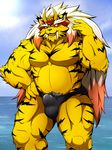  beach bulge chocobo4869 clothing feline male mammal muscular pecs seaside simple_background solo speedo swimsuit tiger water 