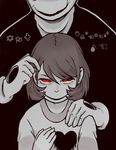  androgynous brown_hair chara_(undertale) evil_smile gloves hand_on_another's_shoulder hands_on_another's_head heart-shaped_hole highres looking_at_viewer mamaito red_eyes shirt smile spoilers striped striped_shirt translated undertale w.d._gaster wingdings 