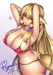  2015 animal_ears arms_up ass august bikini blonde_hair blush breasts covered_nipples dated fang fang_out fox_ears fox_tail gradient gradient_background hair_over_shoulder hair_ribbon highres large_breasts long_hair looking_at_viewer pink_bikini red_eyes ribbon ryuki@maguro-ex sidelocks signature simple_background smile solo sparkle swimsuit tail twisted_torso veins veiny_breasts 