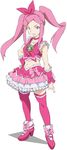  anemone_(eureka_seven) arm_warmers blue_eyes bow choker cosplay cure_melody cure_melody_(cosplay) eureka_seven eureka_seven_(series) frilled_skirt frills full_body hair_ornament hairclip hand_on_hip heart highres koshimizu_ami long_hair magical_girl midriff pink_bow pink_choker pink_footwear pink_hair pink_legwear pink_skirt precure seiyuu_connection shoes skirt solo standing suite_precure thighhighs twintails umanosuke white_background 
