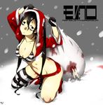  arizuka_(catacombe) bags_under_eyes black_eyes black_gloves black_hair boots breasts cleavage corpse covered_nipples gloves highres hood hoodie kneeling looking_at_viewer medium_breasts original sack short_hair shorts single_thighhigh snow snowing solo striped striped_bikini_top striped_legwear thighhighs 