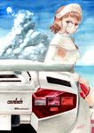  brown_eyes brown_hair capelet car cloud day glasses ground_vehicle highres kantai_collection lamborghini lamborghini_countach leaning_back millipen_(medium) motor_vehicle pince-nez roma_(kantai_collection) sky solo tesun_(g_noh) thighhighs traditional_media watercolor_pencil_(medium) 