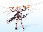  :&gt; bare_shoulders blade blonde_hair blue_eyes blush boots clothes_writing energy_cannon full_body headgear highres hurapan mecha_musume mechanical_wings original robot_ears robot_joints shadow short_hair single_hair_intake skin_tight solo thigh_boots thighhighs v-shaped_eyebrows white_background wings 