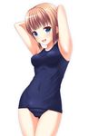  :d arms_behind_head arms_up bangs blonde_hair blue_eyes blush breasts collarbone covered_navel cowboy_shot eyebrows_visible_through_hair ki_(kk-sk-ray) md5_mismatch medium_breasts old_school_swimsuit one-piece_swimsuit open_mouth original school_swimsuit shiny shiny_skin short_hair simple_background smile solo swimsuit 