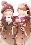  :t bangs baozi beanie black_gloves blunt_bangs blush brown_hair closed_eyes coat earmuffs eating fingerless_gloves food gloves hat multiple_girls nanahime original pink_gloves scarf shared_scarf short_hair snow uniform winter_clothes 