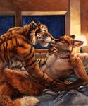  bed bedroom black_fur black_stripes brown_fur canine couple devlin_miski duo duo_focus eye_contact feline fox fur group kenket kissing kyell_gold love male male/male mammal nude orange_body orange_fur out_of_position red_fox romantic rukis striped_body stripes tiger whiskers wiley_farrel 
