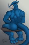  2015 3_toes anthro big_butt butt digimon dragon exveemon feet horn kory looking_at_viewer male muscular nude red_eyes scalie simple_background sitting smile solo toes 