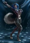  anthro blue_hair blue_nipples breasts canine clothed clothing dancing digital_media_(artwork) digital_painting_(artwork) dog erect_nipples female fluffy_tail hair latex_(artist) mammal midriff nipples partially_clothed realistic rubber shirt shirt_lift solo suit wolf 