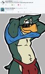  avian beak bird bulge clothing dialogue english_text eyewear front_view giovanni_(fursona) kaisertaylorproducts looking_at_viewer male penguin raised_arm solo sunglasses text thong topless twitter undressing 