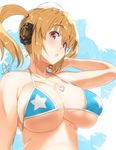  artist_name bikini blonde_hair breasts dated eyebrows eyebrows_visible_through_hair hand_in_hair headphones heart heart-shaped_pupils heart_necklace large_breasts nitroplus open_mouth plump red_eyes rkrk simple_background solo star super_pochaco swimsuit symbol-shaped_pupils teeth twintails 