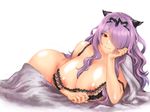  black_bra bottomless bra breasts camilla_(fire_emblem_if) circlet fire_emblem fire_emblem_if hair_over_one_eye horns huge_breasts long_hair looking_at_viewer lying nipples on_side pocari66 purple_hair red_eyes simple_background smile solo underwear underwear_only white_background 