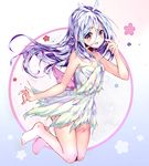  antenna_hair barefoot blue_hair comet_lucifer eyes felia_(comet_lucifer) flower hair_ornament long_hair open_mouth red_eyes solo star star_hair_ornament teka 