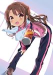  :d bent_over blue_pants blush brown_eyes brown_hair can chikuwa. dutch_angle energy_drink eyebrows eyebrows_visible_through_hair eyelashes hand_on_own_knee holding idolmaster idolmaster_cinderella_girls jacket long_hair long_sleeves looking_at_viewer one_side_up open_mouth pants pink_jacket pov shimamura_uzuki shoelaces shoes smile sneakers soda_can solo standing sweatdrop towel towel_around_neck track_jacket track_pants track_suit zipper 
