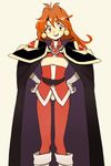  blush cape earrings fang hands_on_hips headband highres jewelry lina_inverse long_hair looking_to_the_side orange_hair red_eyes red_hair slayers smile solo tan_background 