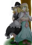  alice_margatroid apron aqua_eyes ascot blonde_hair blush capelet couple cross-laced_footwear hairband hat highres kirisame_marisa kurukuruchocolate long_hair multiple_girls open_mouth outdoors sash shoes short_hair touhou tree under_tree waist_apron witch_hat yellow_eyes yuri 