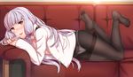  :d bangs black_legwear blunt_bangs blurry blush bokeh bow bow_panties couch crotch_seam depth_of_field eyebrows eyebrows_visible_through_hair feet full_body hair_ribbon jacket kantai_collection kyuuso_inukami legs_up long_hair long_legs long_sleeves lying murakumo_(kantai_collection) no_pants no_shoes on_side open_clothes open_jacket open_mouth panties pantyhose red_bow red_ribbon ribbon short_eyebrows sidelocks silver_hair smile soles solo thighband_pantyhose tress_ribbon unbuttoned underwear white_panties yellow_eyes 