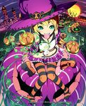  blonde_hair candy food gloves green_eyes hat jack-o'-lantern kyousin lollipop lord_of_knights midriff official_art orange_legwear pantyhose pumpkin shoes_removed short_hair sitting solo striped striped_legwear sunset white_gloves witch_hat 