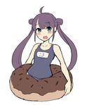  :3 ahoge blue_eyes blush_stickers borrowed_character donut_(raemz) doughnut_innertube flat_chest hair_rings highres innertube junkpuyo long_hair one-piece_swimsuit original purple_hair school_swimsuit solo swimsuit twintails 