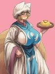  blonde_hair blush breasts brown_eyes chanta_(ayatakaoisii) covered_nipples cowboy_shot dress food fox_tail hand_up hat highres huge_breasts long_sleeves looking_at_viewer multiple_tails omurice pillow_hat plump purple_background short_hair simple_background slit_pupils smile solo tabard tail touhou tray white_dress wide_sleeves yakumo_ran 
