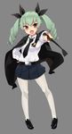  anchovy anzio_school_uniform blush drill_hair fang girls_und_panzer gomashi_(goma) green_hair hair_ribbon hand_on_hip highres long_hair looking_at_viewer necktie open_mouth outstretched_arm pantyhose red_eyes ribbon riding_crop school_uniform smile solo twin_drills twintails uniform white_legwear 