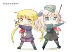  2girls black_serafuku blonde_hair blue_eyes chibi commentary_request dated garrison_cap hat henshin_pose hinata_yuu kamen_rider kantai_collection long_hair long_sleeves looking_at_viewer multiple_girls pantyhose pose satsuki_(kantai_collection) school_uniform serafuku silver_hair simple_background twintails u-511_(kantai_collection) white_background yellow_eyes 