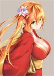  blonde_hair breasts cleavage earrings flower green_eyes hair_flower hair_ornament highres japanese_clothes jewelry kimono large_breasts leilan_(p&amp;d) long_hair puzzle_&amp;_dragons sash side_ponytail silver_(chenwen) sketch smile solo 