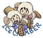  1girl boots brown_hair cleats copyright_name facial_mark falling gloves hammer ice_climber ice_climbers nana_(ice_climber) open_mouth oto parka popo_(ice_climber) simple_background smile solid_oval_eyes sweatdrop whisker_markings white_background 